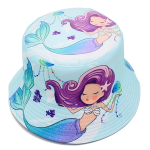 Kids light blue bucket hat with cute cartoon mermaid patterns for sun protection