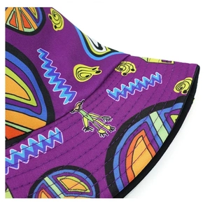 Detail of purple bucket hat with colorful wave patterns and peace signs embroidery