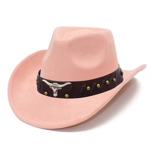 Detail of pink faux suede cowboy hat with brown belt, silver bull head and gold studs
