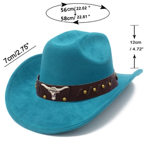 Detail view of turquoise faux suede cowboy hat with vintage bull head emblem and rivets