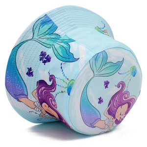 Kids light blue sun bucket hat featuring cute mermaid and sea creature patterns