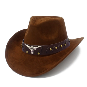Detail of dark brown faux suede cowboy hat featuring brass studs and bull head emblem