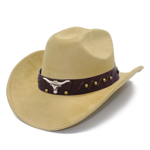 Detail of beige suede cowboy hat with brown leather band and silver bull head badge