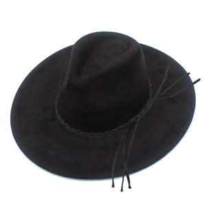 Close-up of black wide brim felt hat with braided band and elegant fringe detail