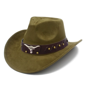 Olive green suede cowboy hat featuring a silver bull head metal logo and studded leather band