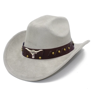Close-up of light grey suede jazz hat with leather band and silver bull head metal ornament