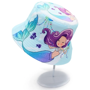 Kids light blue bucket hat featuring vibrant cartoon mermaid prints for sun protection