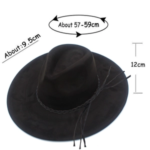 Detail view of black wide brim felt fedora with stylish braided band and dimensions