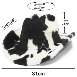Details der Kuhmuster-Cowboyhut-Maße mit 7cm Krempe und 56-58cm Kopfumfang für Damen