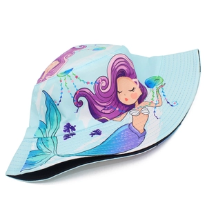 Light blue bucket hat with cute mermaid cartoon pattern for sun protection outdoors