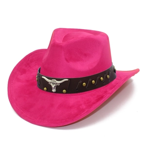 Hot pink suede cowboy hat with brown leather band and silver bull head metal ornament