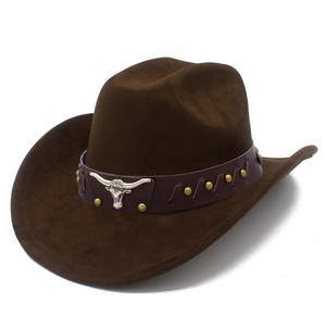 Detail of faux suede jazz hat featuring a silver bull head emblem and golden rivets