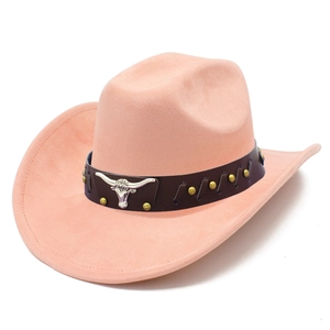 Detail of pink suede cowboy hat featuring leather band with silver bull head and gold studs