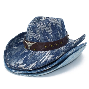 Blue denim cowboy hat featuring sparkling silver sequins and a leather bull head band
