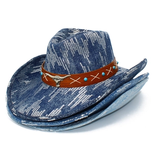 Blue denim cowboy hat with silver sequins, turquoise leather band and bull head emblem