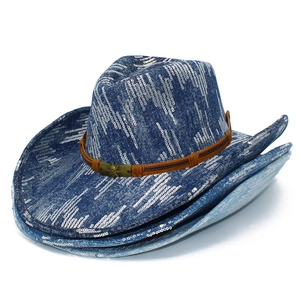 Blue denim fedora hat with silver sequins star patterns and golden skull buckle detail