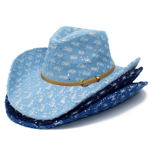 Distressed denim jazz fedora hat with sparkling silver sequins and faux leather band decoration