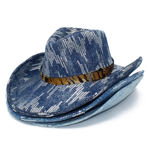 Western Cowboy Hat Sequin Denim Cowgirl Hat With Leopard Print Band Vintage Jazz Fedora Party Hat For Women Men
