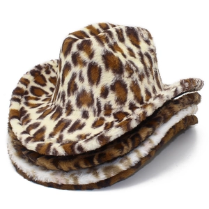 Faux fur leopard print cowboy hat with plush lining and classic wide-brimmed western design