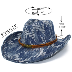 Detail view of denim blue sequin jazz hat with size dimensions for head circumference