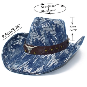 Detail of blue denim cowboy hat with silver sequins, bull ornament, and size dimensions