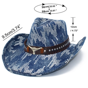 Blue denim cowboy hat with bull head ornament and size dimensions: 56-58cm head circumference