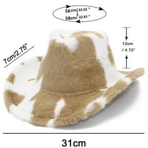 Detailed size chart for plush cow print cowboy hat showing brim and height dimensions