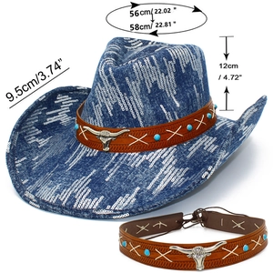 Blue sequin western cowboy hat with silver bull head logo and size measurement details