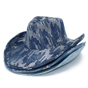 Cappello da cowboy in denim blu con paillettes argentate e tesa curva per uomo e donna