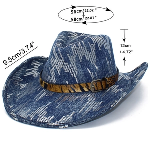 Blue denim jazz hat with silver sequins, leopard trim and size measurements shown
