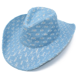 Detail of light blue denim cowboy hat with silver sequins and distressed vintage edges