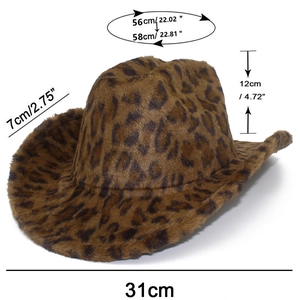 Macro view showing dimensions of leopard print faux fur fedora hat with size annotations