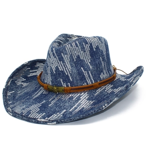 Western Cowboy Hat Denim Style With Silver Sequins And Skull Decorative Band Blue Fashion Party Hat For Women