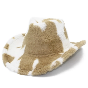 Winter plush cowboy hat featuring a stylish brown and white cow print with warm fuzzy texture