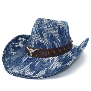 Blue denim cowboy hat featuring sparkling silver sequins and a metallic bull head accessory