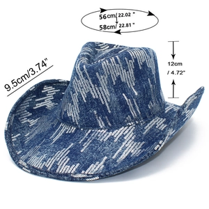 Cappello da cowboy blu con paillettes argentate e dettagli precisi delle misure della taglia