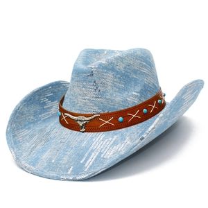 Blue sequined western cowboy hat with a metallic bull head and turquoise beads