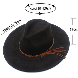 Detailgrößentabelle für schwarzen Fedora-Hut mit breiter Krempe und geflochtenem Lederband