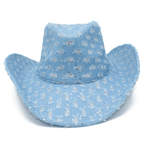 Distressed denim western cowboy hat in light blue with silver sequins and ripped details