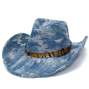 Blue denim cowboy hat with shiny silver sequins and leopard print buckle belt accessory