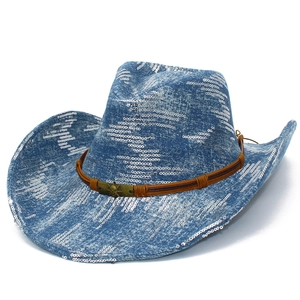 Blue denim cowboy hat with shiny silver sequins and a brown band with metal skull buckle