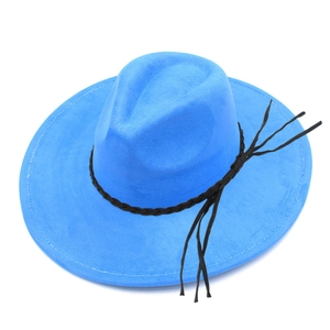 Classic bright blue wide brim fedora hat with black woven band and long tassels detail