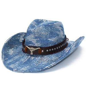 Classic light blue sequin western cowboy hat with leather band and metal bull head ornament