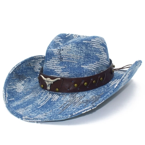 Blue denim cowboy hat with silver sequins and a metallic bull head ornament on the front