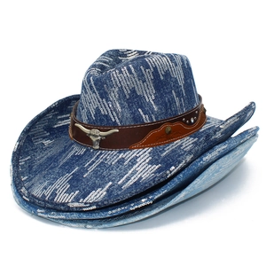 Blue denim cowboy hat with silver sequin stripes and a metal bull head buckle decoration