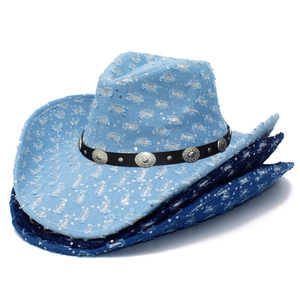 Distressed denim western cowboy hats with sequins and bohemian metal decorations