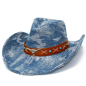 Blue denim cowboy hat with sequins and western style bull head leather band accessory