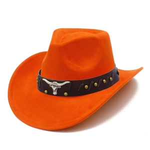 Detail of orange suede cowboy hat with brown leather band, bull head and metal studs