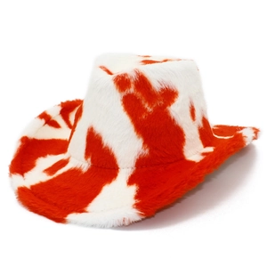 Women Men Plush Cow Print Cowboy Hat Western Style Faux Fur Warm Winter Wide Brim Fashion Fedora Hat