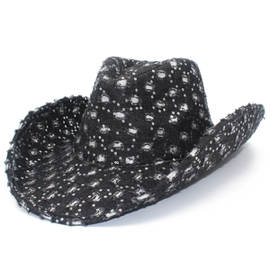 Cappello da cowboy in denim nero con paillettes argentate e stile vintage strappato